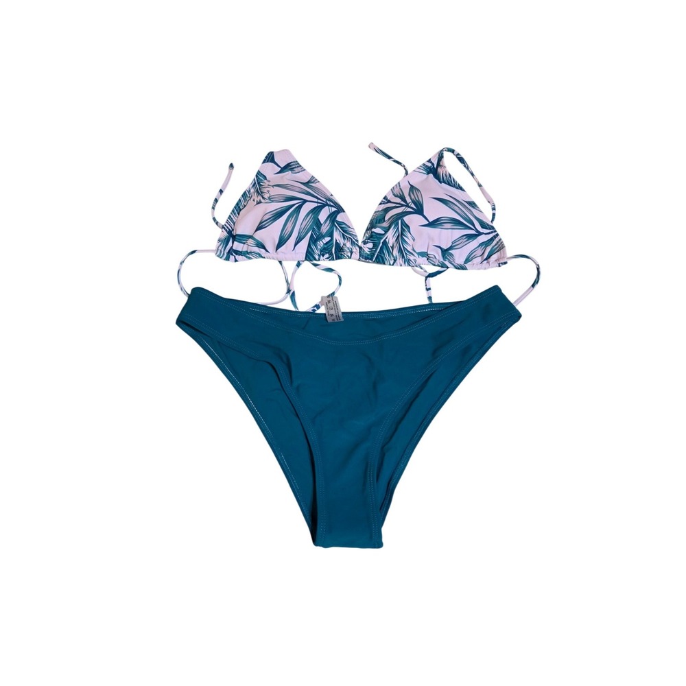 Unbranded 3 Piece Bikini Set with Cover Up Teal Palm‎ Leaf Print Size L
